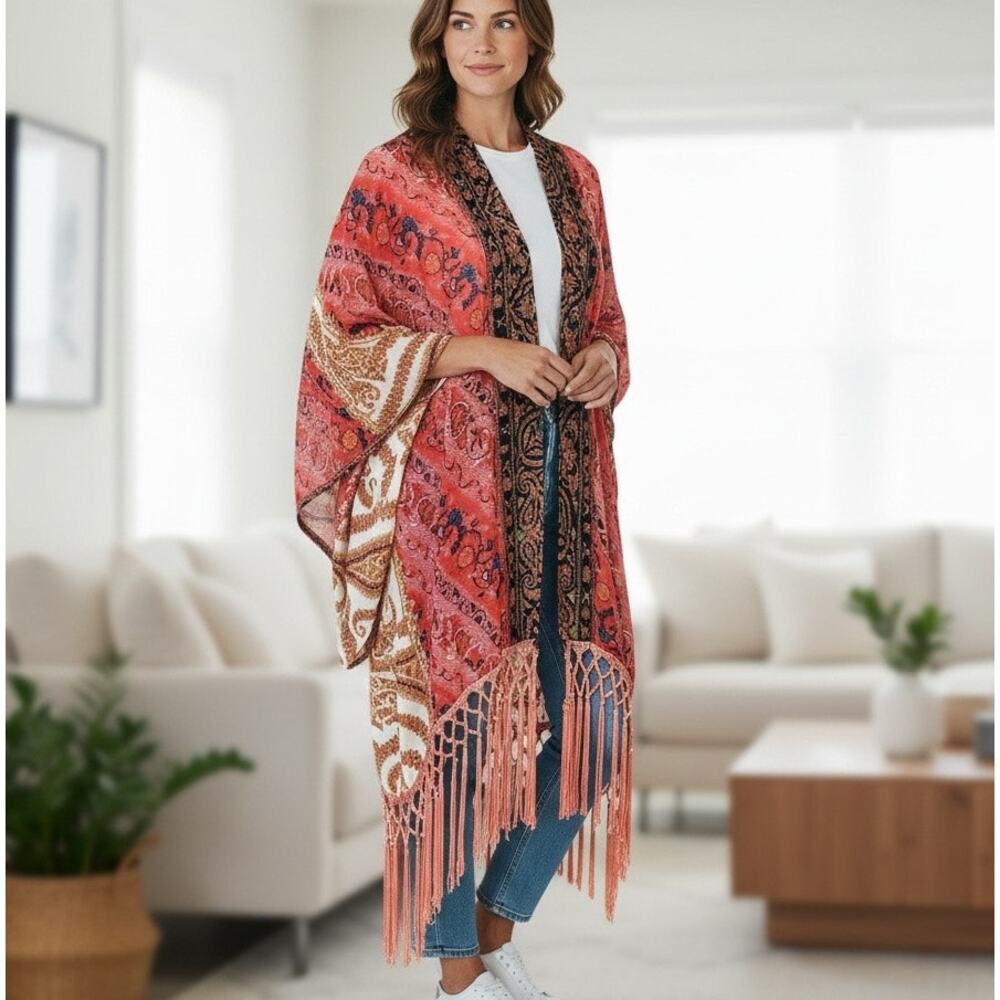 ENTRO Kimono Shawl Cover Up Tassel Wide Sleeves Sz Med Boho Women's Open Type
